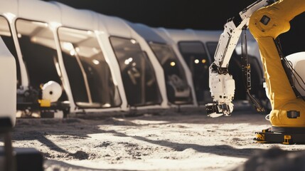 A robotic arm in a modern space habitat construction site, assembling inflatable lunar base modules with ultra-durable composites, Space-tech style