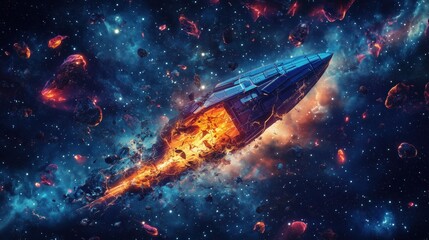 A spaceship burning in flight through an asteroid field in deep space.
A fantastic scene of a destroyed spaceship flying through fire and debris in interstellar space with asteroids around