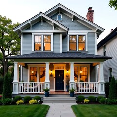 house with vintage exterior style. Stylish windows, porch. Contemporary design. Residential building. Attractive facade. Beautiful home with nice outdoor seating area on porch