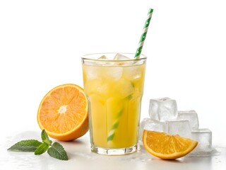 Refreshing iced orange juice, a summer delight, perfectly chilled with ice cubes and a green striped straw, in a clear glass, against a bright white background.
