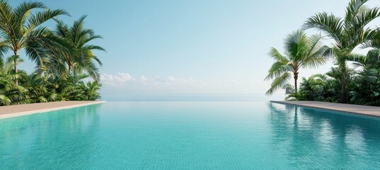 A serene infinity pool surrounded by palm trees, overlooking a tranquil sea under a clear sky.