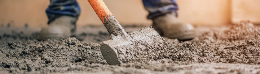 Fototapeta premium A construction worker uses a hammer to mix concrete, highlighting the manual labor involved in building projects.