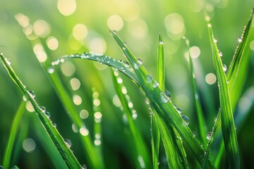 Fototapeta premium A green grass blades covered in water droplets sparkling in the morning light dew on grass
