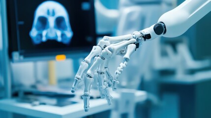 A robotic arm in a next gen AI powered 3D scanning lab, scanning and replicating human bone structure for personalized implants, Medical-tech style