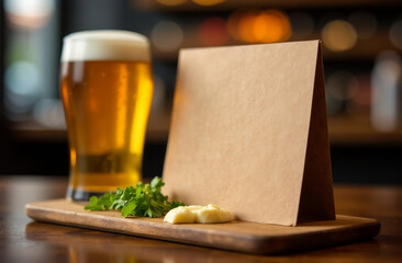 Blank craft paper mockup on wooden background with beer and cheese. Advertisement template for Oktoberfest and brewery promotions.