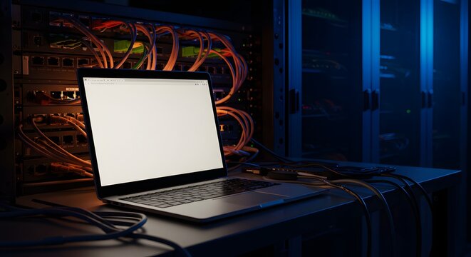 A laptop sits on a data center desk, illuminated and cable.