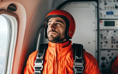 A skydiver in an orange jumpsuit and helmet gazes thoughtfully out of an aircraft window, preparing for a jump.
