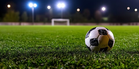Fototapeta premium A soccer ball rests on the green grass of an empty stadium at night