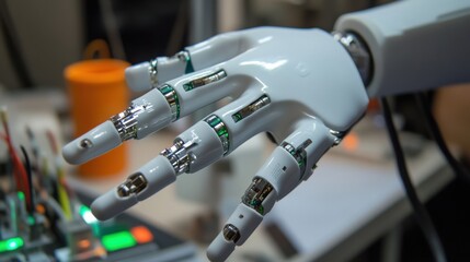 A robotic arm in a next gen medical device lab, assembling wearable health monitoring devices with ultra-sensitive sensors, Medical-tech style