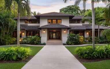 A modern home surrounded by lush greenery, featuring a spacious entrance and large windows that invite natural light.