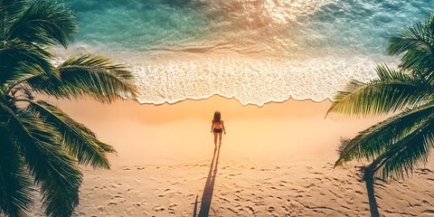 A drone photo of the beach in Goa. Gothic Aerial View, tropical vibes, a woman walking on the sand with footprints.
