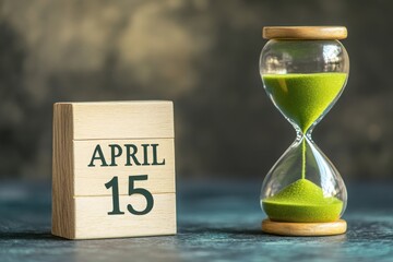 April fifteenth date block with green sand hourglass on a textured surface showing time passing