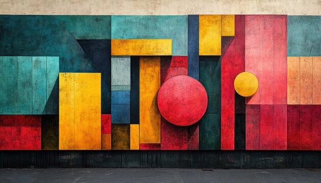 Bold geometric shapes overlapping in a striking color palette