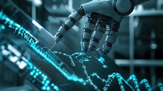 A robotic arm in a next gen research lab, assembling DNA sequencing machines with high precision for genetic research, Bio-tech style