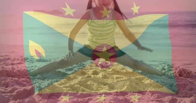 On beach, child doing splits with flag animation overlay, practicing gymnastics