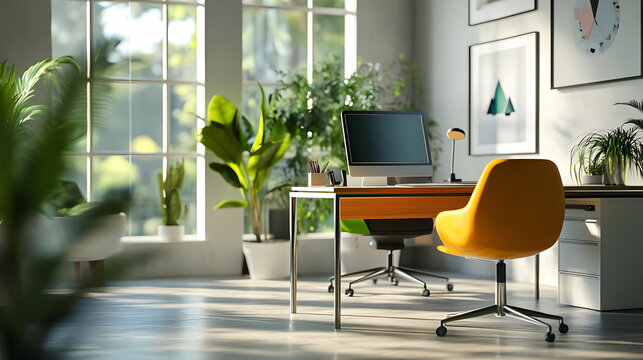 Bright Modern Office Interior with Yellow Chair Plants Computer and Artwork Under Natural Light in Background - Powered by Adobe