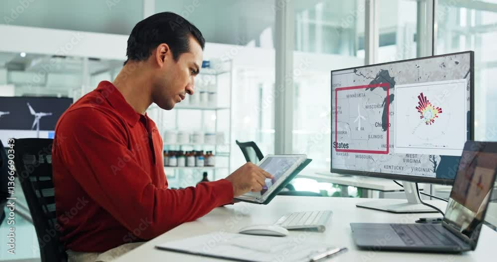 Poster business, tablet and man writing in office with map for wind turbine, scroll and renewable research 