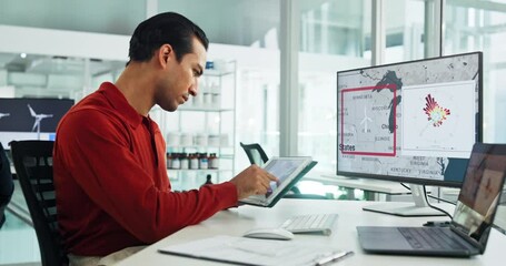 Business, tablet and man writing in office with map for wind turbine, scroll and renewable research notes. Screen, worker and global planning on technology, sustainable data or clean energy analyst - Powered by Adobe