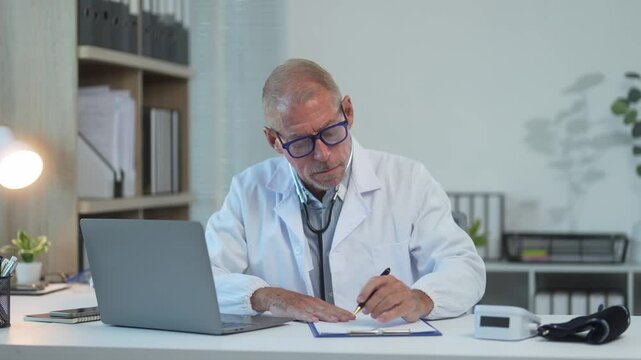 A man in a white lab coat sits at a desk with a laptop and a clipboard. He is working on a medical report or a patient's file. The room is well-lit and organized, with a potted plant