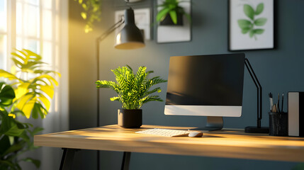 Bright Modern Workspace Featuring a Minimalist Wooden Desk and Computer Monitor with Green Potted Plant Against a Teal Wall
