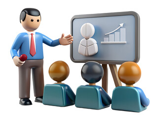 Cartoon instructor presenting growth chart to an audience in a seminar setting illustration style transparent background