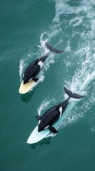 Two orcas surfs on surfboards across blue ocean water waves