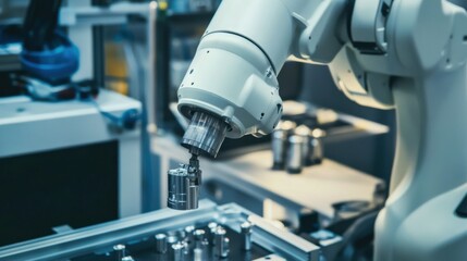 A robotic arm in a precision aerospace workshop, assembling lightweight titanium parts for spacecraft with robotic accuracy, Aerospace-tech style