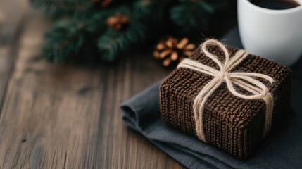Cozy gift on a rustic wooden table with coffee and Christmas elements