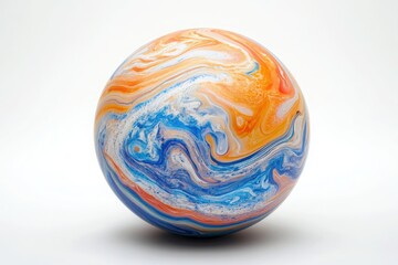 A colorful sphere with swirling blue orange and white patterns on a white background 