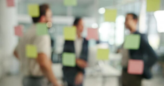 Teamwork, planning and blur with business people in office for problem solving, idea and meeting. Brainstorming, sticky notes and moodboard with employees in agency for solution, creative and project