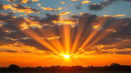 Fototapeta premium Vibrant orange sunset illuminating the cloudy sky with radiant sunlight