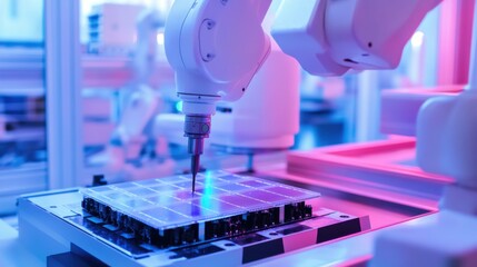 A robotic arm in a semiconductor fabrication plant, assembling wafer-lithography systems for advanced processors with AI precision, Electronics-tech style