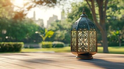 An ornate lantern sits on wooden surface in beautiful natural surroundings