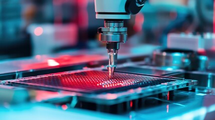 A robotic arm in a semiconductor fabrication plant, assembling wafer-lithography systems for advanced processors with AI precision, Electronics-tech style