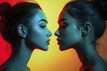 Twin Asian Women with Edgy Makeup in Profile Facing Each Other Under Red and Blue Lights