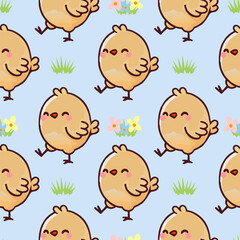 Seamless Easter pattern with cute cartoon chicks, grass and flowers on soft blue background. Perfect for textile, wallpaper, textiles or nursery print design.