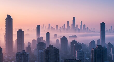 Fototapeta premium City Skyline Emerging From Fog at Sunrise with Pink and Purple Sky