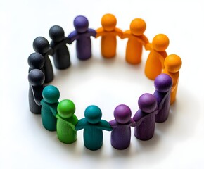 Obraz premium A circle of wooden toy people in different colors, standing together on a white background