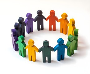 A circle of wooden toy people in different colors, standing together on a white background