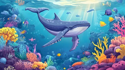 Fototapeta premium Colorful Cartoon Underwater Landscape with Playful Humpback Whale - Marine Life Illustration for Children's Books and Educational Materials