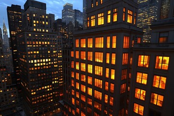 High angle view of several illuminated urban skyscrapers at night