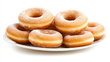 Delicious mini doughnuts dusted with powdered sugar, arranged neatly on white plate, evoke sense of sweetness and indulgence, perfect for any dessert lover