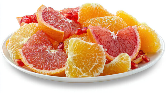 vibrant and refreshing citrus salad featuring colorful assortment of orange and grapefruit slices, garnished with pomegranate seeds, perfect for healthy snack or dessert