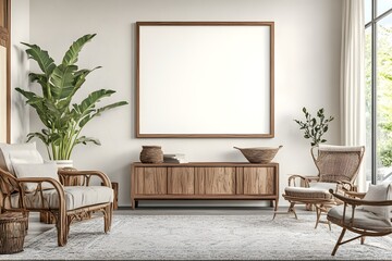 A blank frame mockup hangs on the wall, showcasing a Scandinavian interior design