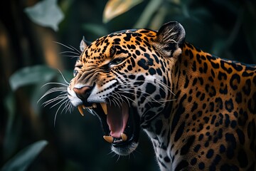 Obraz premium Jaguar roaring in the forest in a dark attractive lighting style