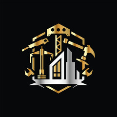 Engineering and Construction Logo with gear and building. Vector Illustration. Real Estate, Building, Construction and Architecture Logo Icon Vector Template. Abstract Creative Symbol for Corporate 