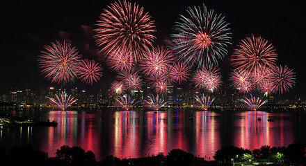 Obraz premium Vibrant Fireworks Display Over a City Skyline