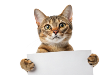 Cat with a blank sign in your hands on transparent isolated on transparent background - generated by ai