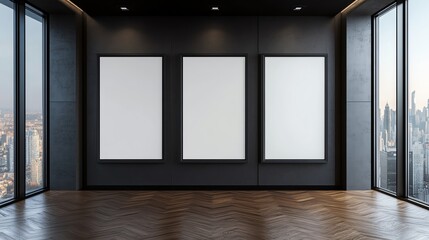 Fototapeta premium Three blank vertical posters on a dark wall in a modern room with large windows and a wooden floor Ai generative