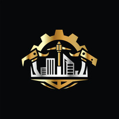 Engineering and Construction Logo with gear and building. Vector Illustration. Real Estate, Building, Construction and Architecture Logo Icon Vector Template. Abstract Creative Symbol for Corporate 